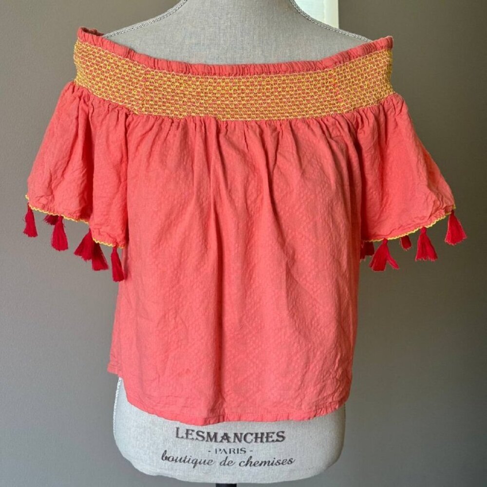 Off-Shoulder Boho Textured Cotton Top with Tassels - Size Small